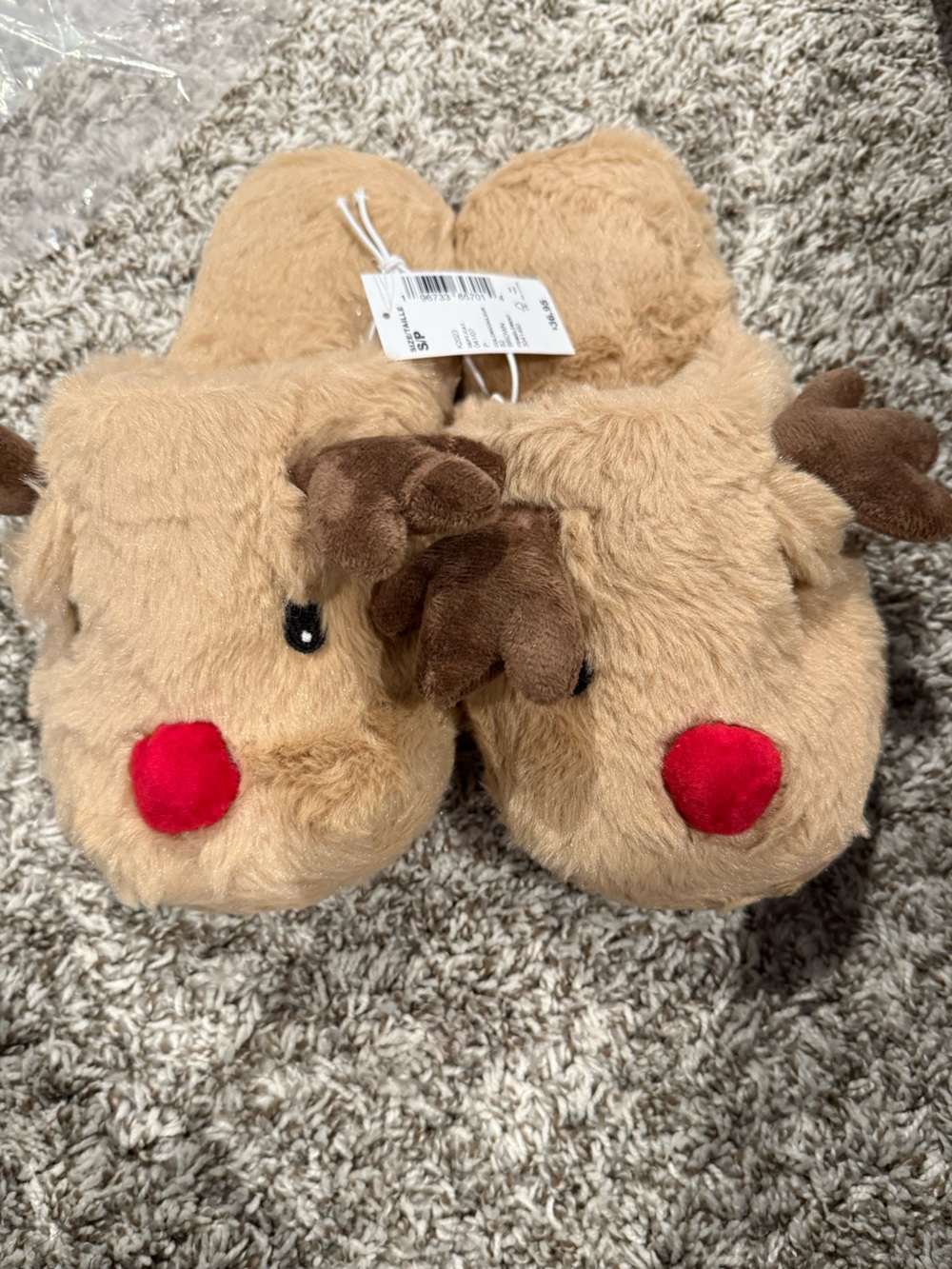The Children's Place Plush Reindeer Slippers - Tan with Red Nose